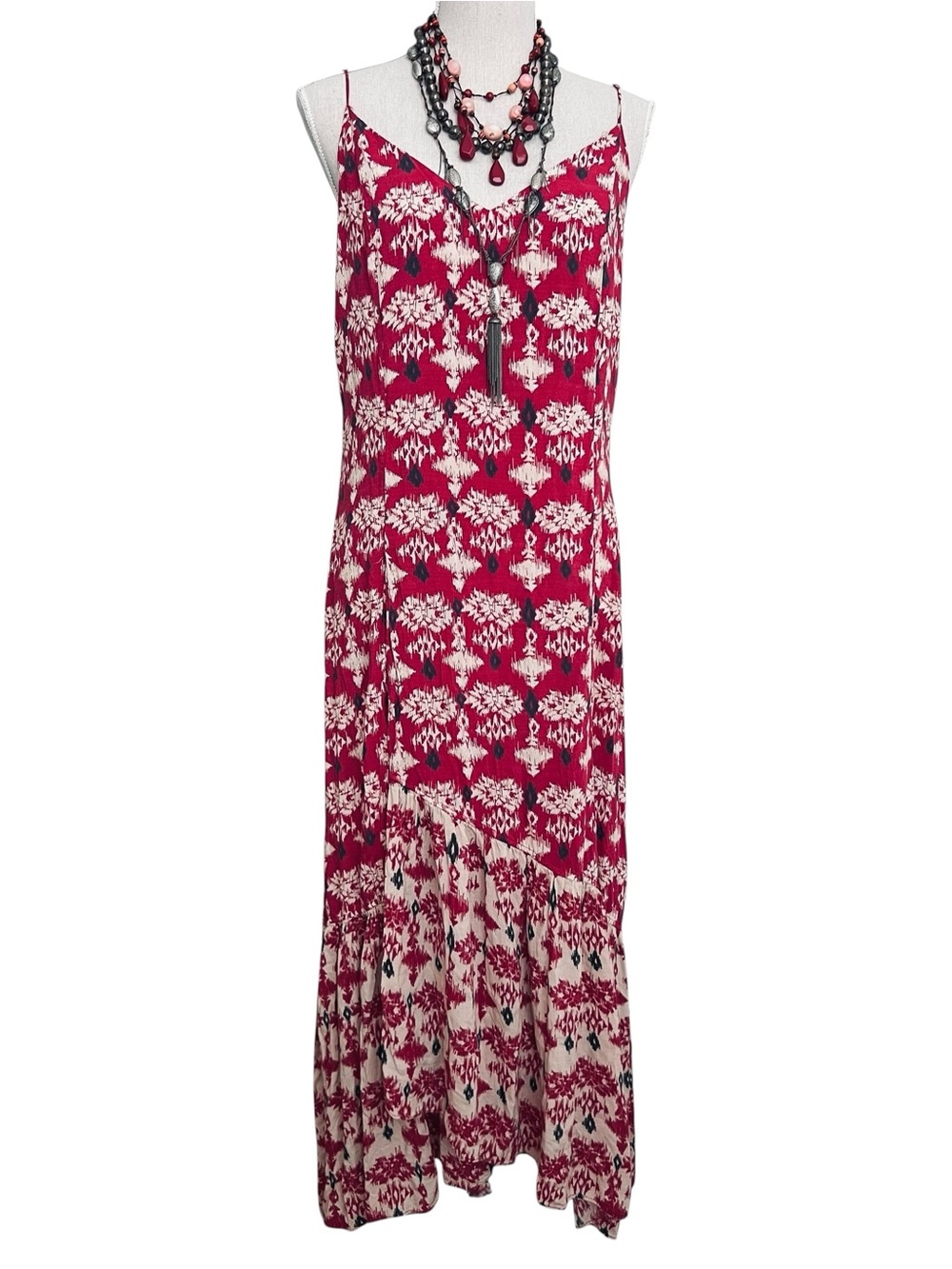 Western Ruffle Maxi Ikat Print Sun Dress VIX Paula Hermanny Red Tan Navy L